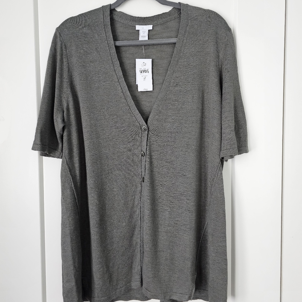 J. Jill  Caraway Green Cardigan Sweater Short Sleeved Large Petite Linen NWT